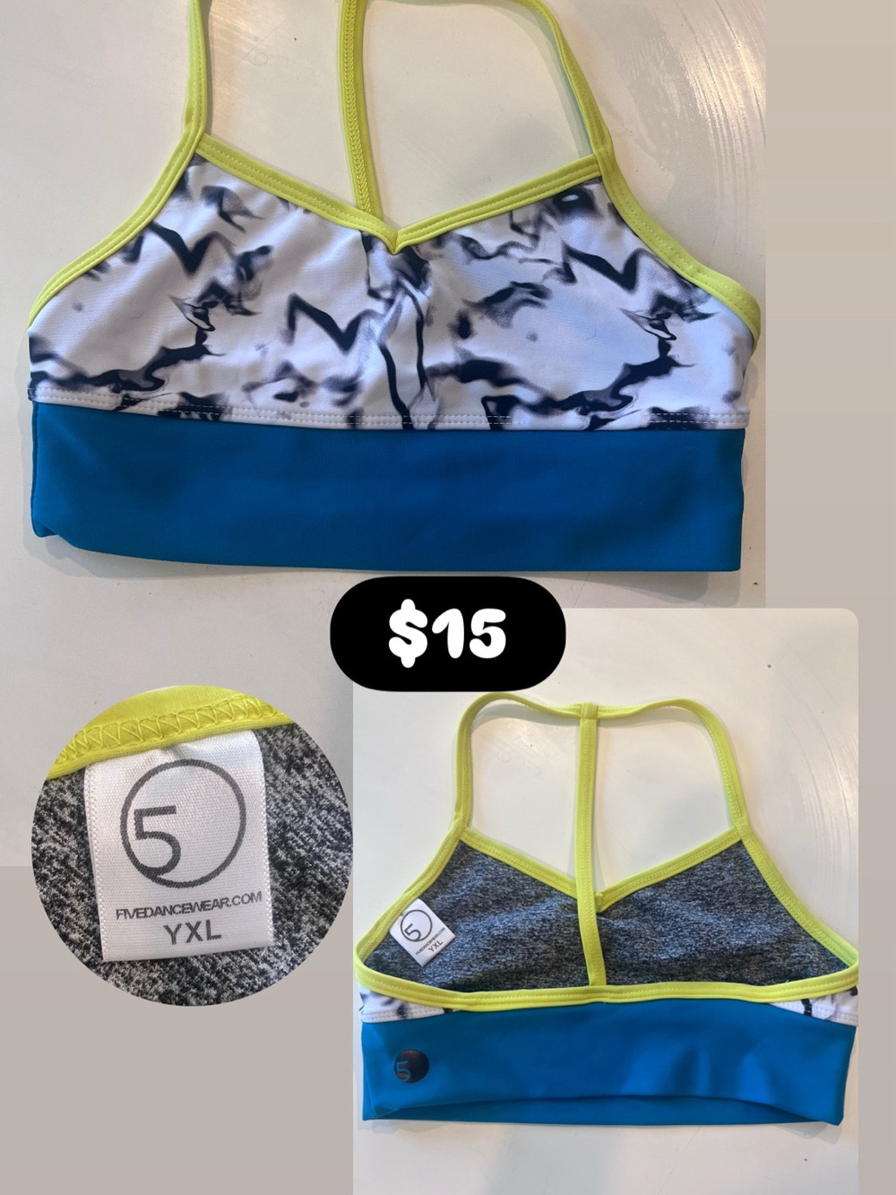 Five Dancewear Girls' Blue & White Marble Sports Bikini Top with Yellow Trim